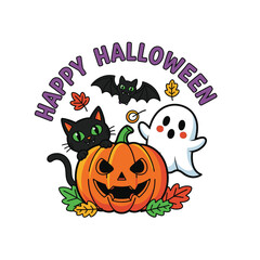 Cute Happy Halloween Spooky Skeleton Pumpkin Trick or Treat Skull and Bat Illustration