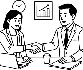 Black and white line art of office colleagues shaking hands, teamwork and partnership theme