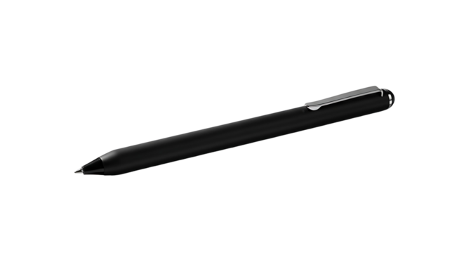 A sleek, black ballpoint pen angled on a dark background is prominently displayed in this  shot.
