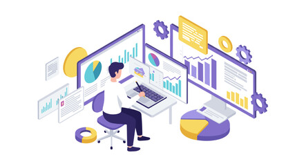 Fototapeta premium Isometric data analysis and visualization in modern office workspace