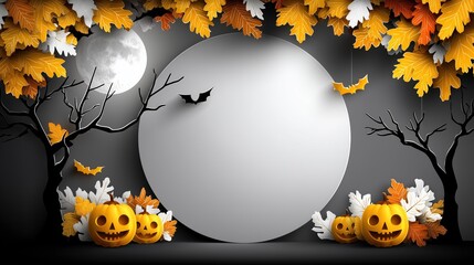 Spooky Halloween Background with Jack-o-Lanterns, Bats, and Full Moon, Autumn Leaves Border and Blank Circle for Text
