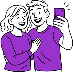 hand drawn style  Flat vector design ilustration happy couple with smartphone taking selfie