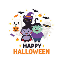 Cute Happy Halloween Spooky Skeleton Pumpkin Trick or Treat Skull and Bat Illustration