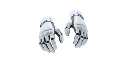 Two futuristic white gloves with dark accents, presented against a striking black background, showcase a modern and technological design.
