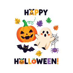 Cute Happy Halloween Spooky Skeleton Pumpkin Trick or Treat Skull and Bat Illustration