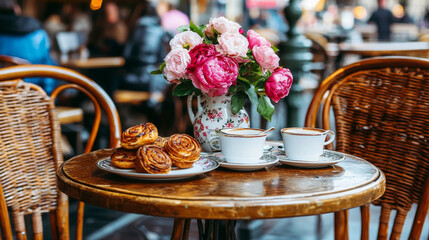 Parisian cafe table: coffee, pastries, and roses