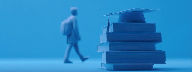 Rendered graduation scene. A student walks towards stacked books topped with a mortarboard on a monochromatic, light blue background