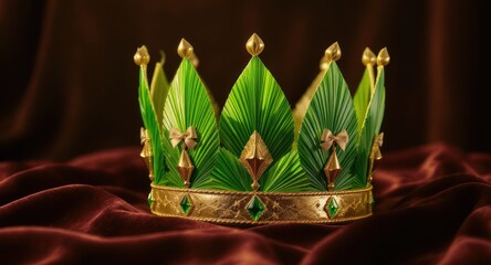 Green crown with gold trim rests on rich brown, velvety fabric