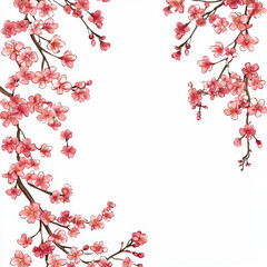 Pink blossom branches frame white background