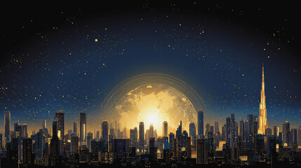 Fototapeta premium Twilight in the Smart digital Innovation city with connection network reciprocity over the cityscape. of future smart wireless digital city and social media networking systems that connects people