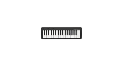 A sleek, black midi keyboard is centrally positioned against a pure black backdrop.