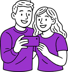 Fototapeta premium hand drawn style Flat vector design ilustration happy couple with smartphone taking selfie