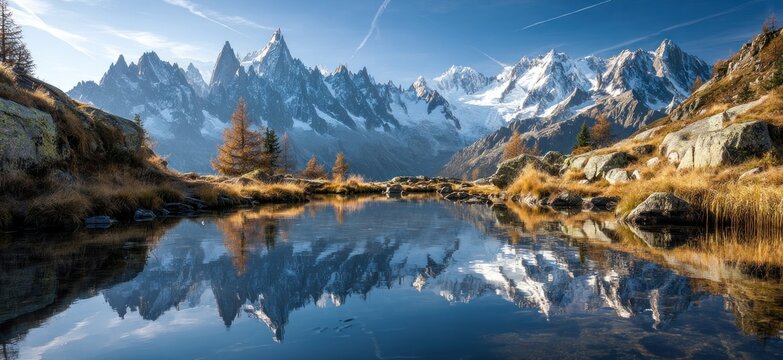 Serene mountain vista reflected in a calm lake, with golden autumn foliage adding warmth to the cool landscape under a bright sky - Powered by Adobe