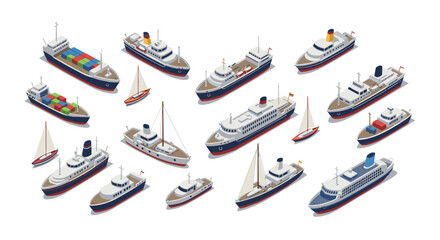 Isometric maritime collection: diverse boats and ships in classic design