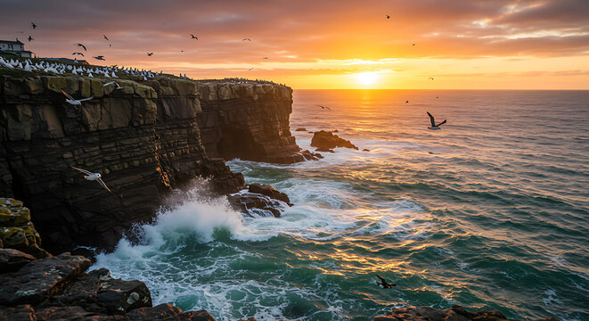 A powerful wave crashes on a rocky coast at sunset, with golden light illuminating the spray and creating a beautiful and dramatic seascape.