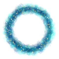 A magical dark blue smoke circle frame effect that sparkles with glowing vapor particles and sparkling stardust. Brush strokes, decorative borders.