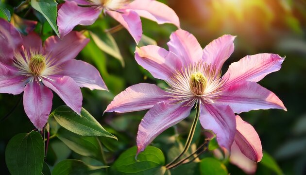 vibrant pink clematis ernest markham flowers blooming in lush greenery