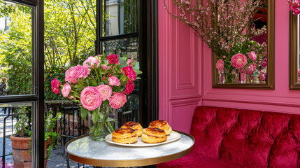 Pink room, pastries, roses, and a red velvet banquette