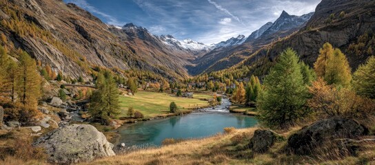 A mountain valley scene blue lake, alpine peaks with snowy caps, golden autumnal trees, and green meadows under blue skies