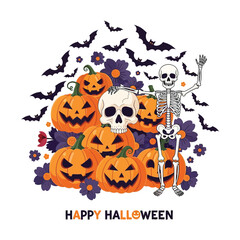 Cute Happy Halloween Spooky Skeleton Pumpkin Trick or Treat Skull and Bat Illustration