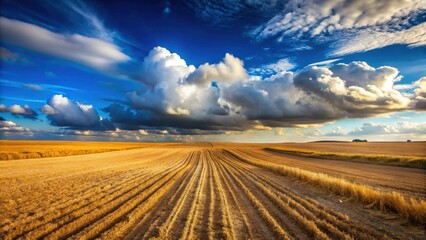 Fototapeta premium Golden Field Under a Dramatic Sky Vast expanse of harvested farmland with tire tracks leading towards a horizon of fluffy cumulus clouds and a deep blue sky.