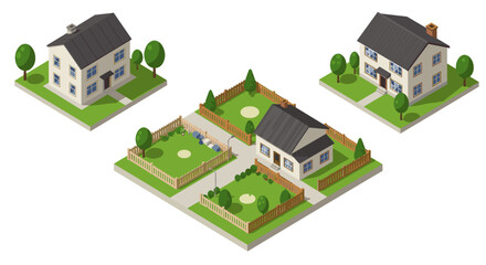Charming isometric suburban houses with fenced yards and gardens