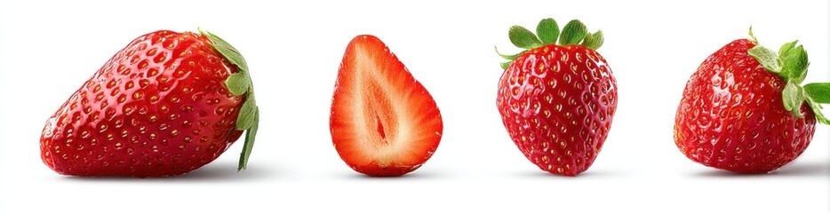 Four vibrant strawberries whole, sliced. Displaying red hues, seed details, and leafy tops against a bright white background