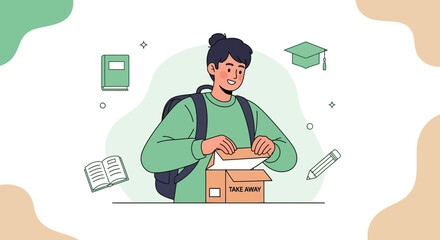 Academic Takeaway: Student Unboxing Knowledge From A Box, Concept Illustration