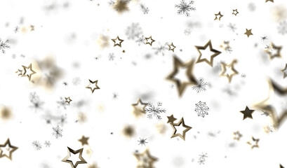 Sparkling festive background with gold stars and snowflakes. Perfect for Christmas, New Year, winter holidays.