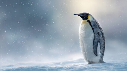 Fototapeta premium Emperor penguin standing in snowy landscape antarctica wildlife photography winter wonderland close-up view nature's resilience
