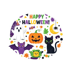 Cute Happy Halloween Spooky Skeleton Pumpkin Trick or Treat Skull and Bat Illustration