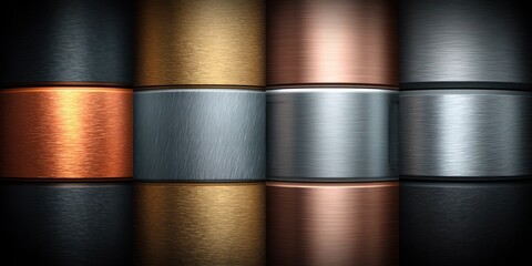 Abstract metallic textures form a grid of colors silver, copper, gold, gray, with horizontal brushed metal grain and dark vignette