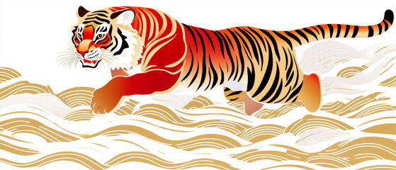 Red tiger leaping over stylized golden waves