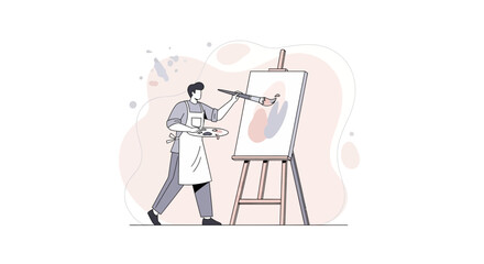 Artist Painting On Canvas with Palette and Brush Creating Abstract Art Illustration