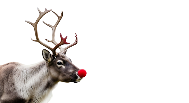 A gray reindeer with a bright red nose stands out against a stark black background.