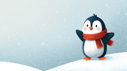Playful penguin welcoming winter snowfall in a frosty landscape cute illustration cheerful vibe