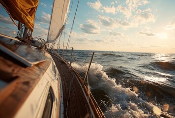 A sailboat cuts through choppy ocean water under a cloudy sky at sunset, the sunlight reflecting on the surface