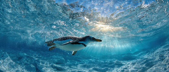 Fototapeta premium Underwater penguin swim antarctic ocean wildlife photography sunny environment dynamic perspective nature concept