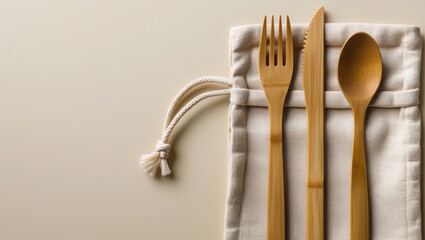 Bamboo cutlery set including fork, knife, and spoon arranged neatly on a natural fabric pouch, showcasing eco-friendly dining essentials for sustainable living