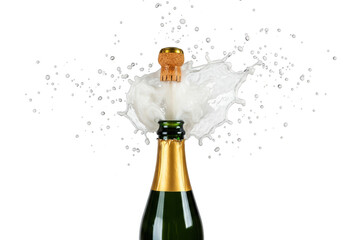 Champagne bottle cork popping with splash isolated on transparent background