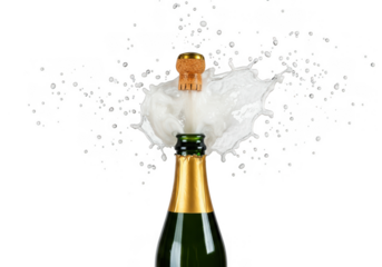 Champagne bottle cork popping with splash isolated on transparent background