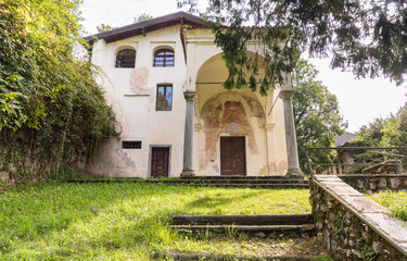 Ancient Church of Sant Anna above the village of Cuveglio, historic monastic retreat in provincia of Varese, Lombardy, Italy