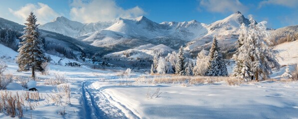 Scenic winter landscape with snowy mountains, frost-covered trees, and a path winding through a field of pristine white snow