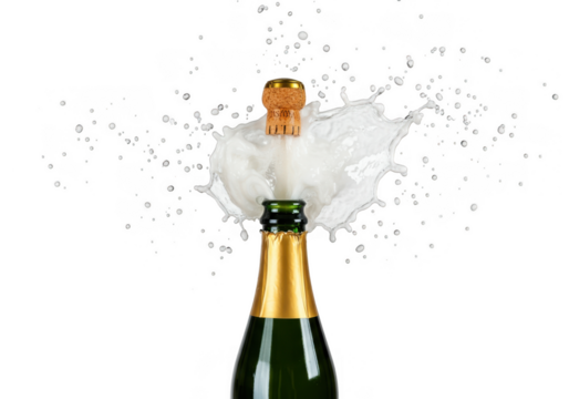Champagne bottle cork popping with splash isolated on transparent background - Powered by Adobe