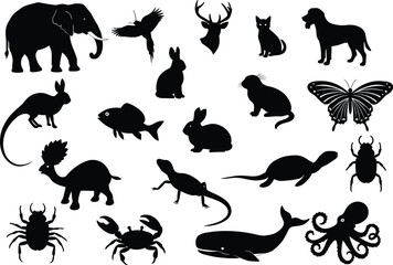 Mixed animal silhouettes vector set with wild animals, sea creatures, pets, and insects, black wildlife graphic design collection