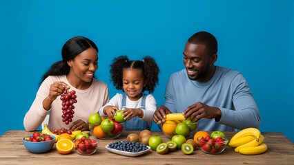 Fototapeta premium Family Fruit Feast: An African-American family enjoys a colorful assortment of fresh fruits at a wooden table, promoting healthy eating habits and togetherness.