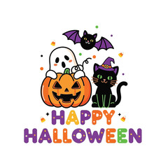 Cute Happy Halloween Spooky Skeleton Pumpkin Trick or Treat Skull and Bat Illustration
