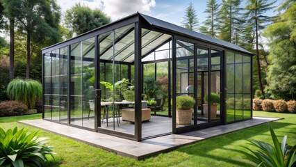 Fototapeta premium Modern glasshouse with black sliding doors and lush greenery, design elements