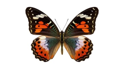 Isolated butterfly with intricate wing patterns of black, orange, white, and teal