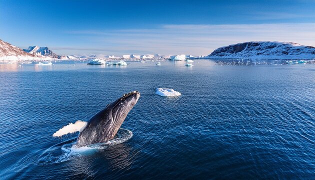 a whale dives off coast of greenland surrounded by icy waters with a coastal landscape